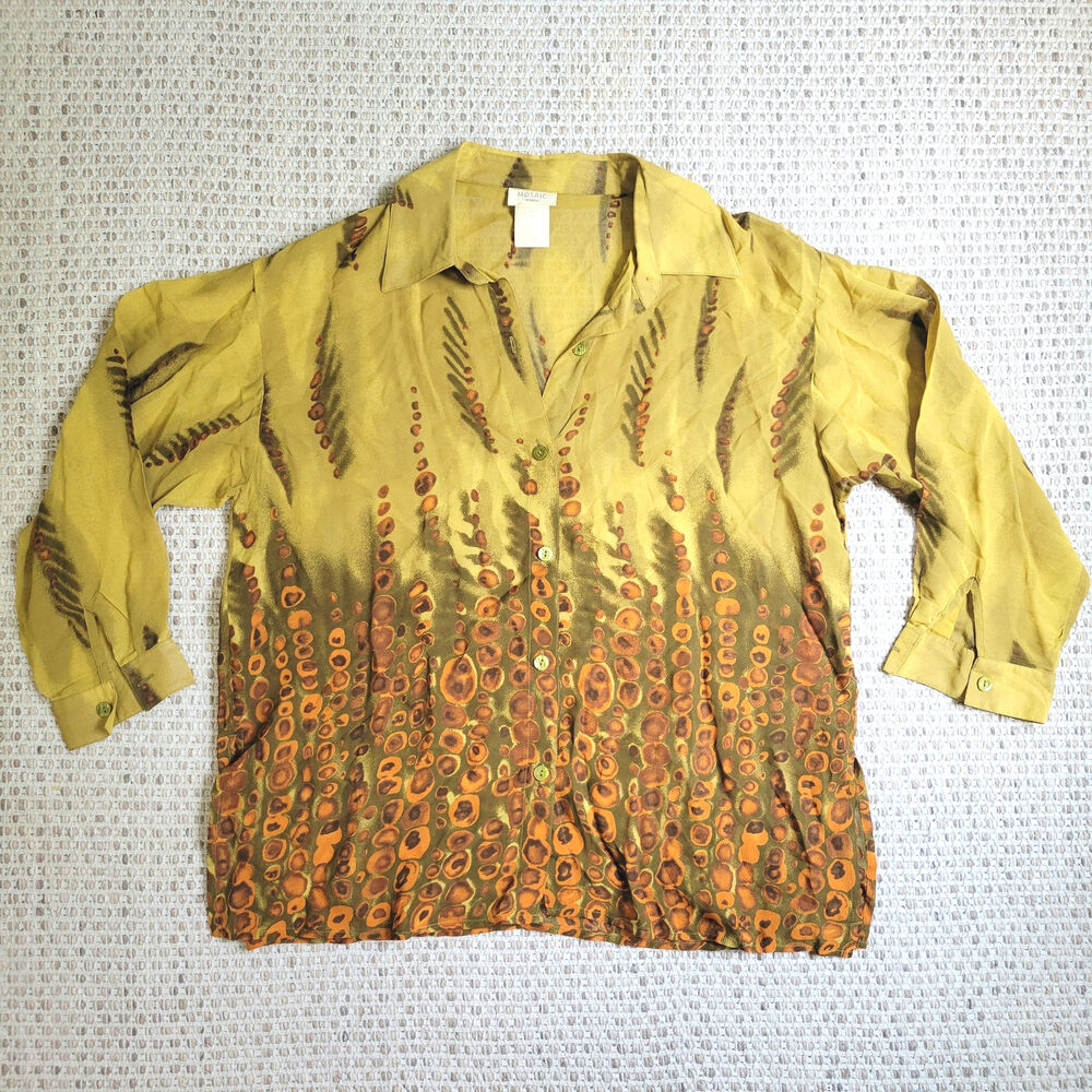 Y2K Mosaic Womens 1X Button-up Blouse Top Green Sheer Abstract Boho Flowy Shirt